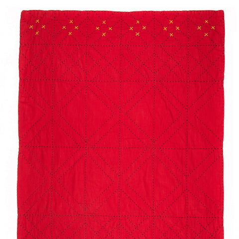 Embroidered, 100% cotton kantha baby blanket in red and orange geometric design by Khushi Kantha