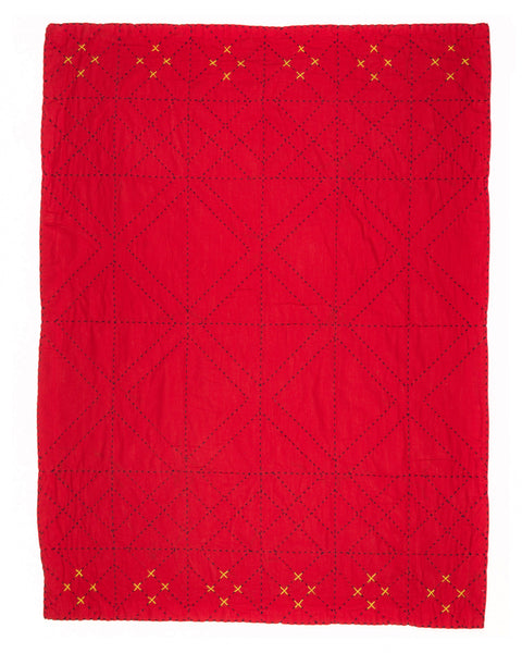 Embroidered, 100% cotton kantha baby blanket in pink and red geometric design by Khushi Kantha