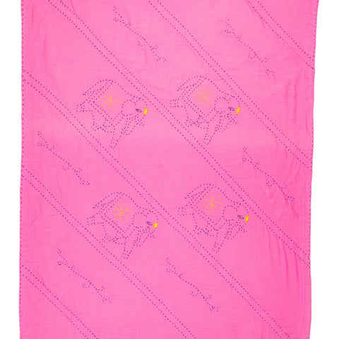 Pink fabric with elephant patterns on a white background