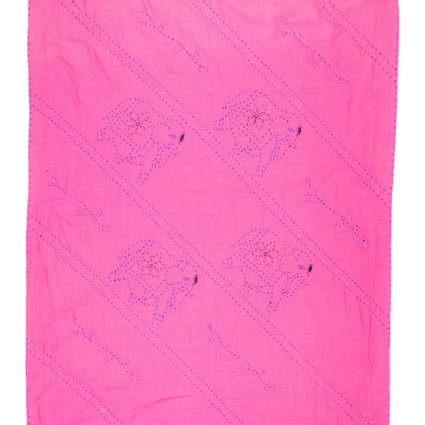 Pink fabric with embroidered patterns on a white background