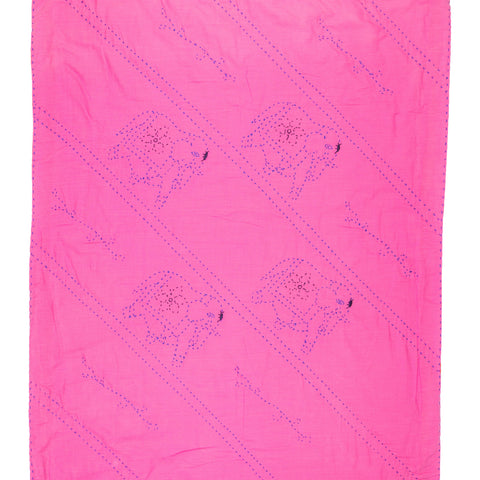 Pink fabric with embroidered patterns on a white background