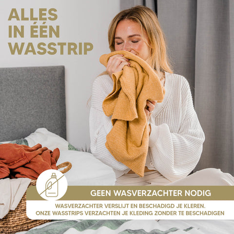 Alles in een wasstrips met wasverzachter mileuvriendelijk.