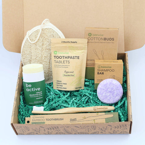 sustainable eco-friendly and plastic-free gift box to save the world every morning during the routine, with bamboo cotton buds, loofah sponge, shampoo bar, bamboo toothbrush, toothpaste tabs and deodorant stick