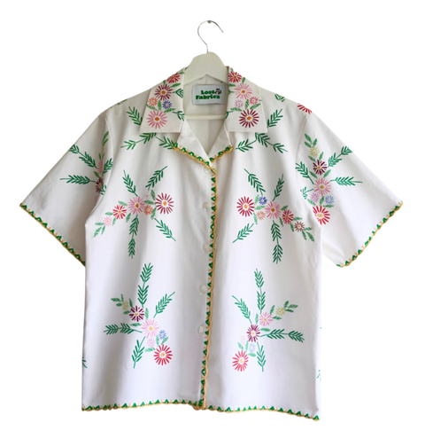 Handmade Cuban collar shirt with a relaxed fit, crafted from vintage tablecloths featuring unique, intricate patterns.