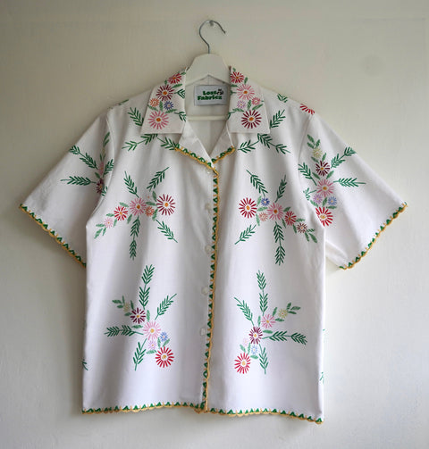 Handmade Cuban collar shirt with a relaxed fit, crafted from vintage tablecloths featuring unique, intricate patterns.