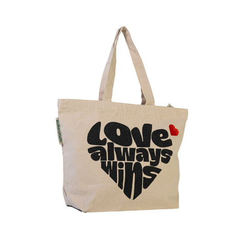 Duurzame tas met rits gerecycled katoen met hart Love Always Wins