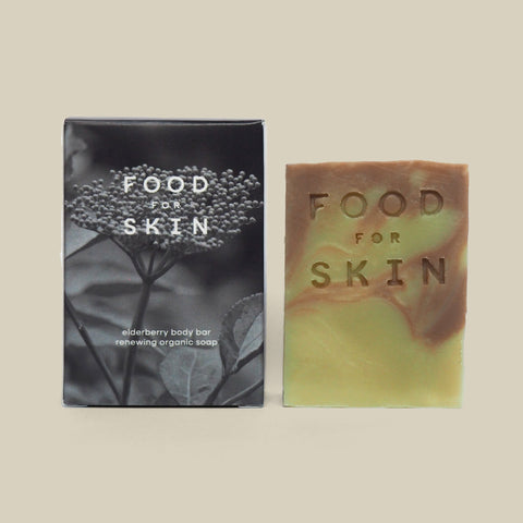 Verpakking van Food for Skin Body Bar met natuurlijke ingrediënten.
