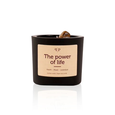 Handgemaakte geurkaars met edelstenen the power of life.