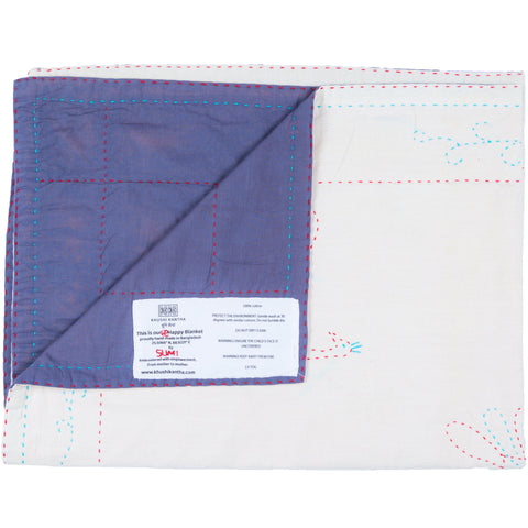 Quilted fabric with purple corner and visible stitching on a white background