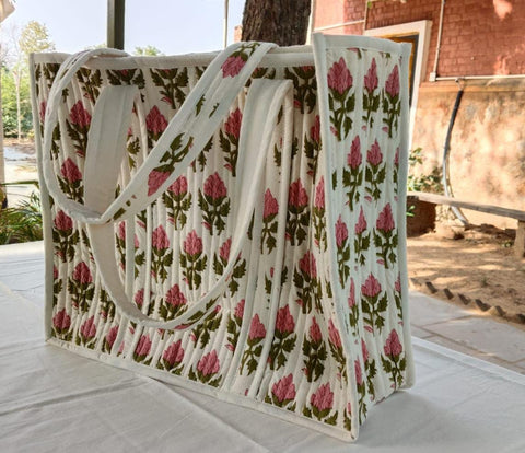Large quilted weekend tote bag, vibrant pink block print, floral design