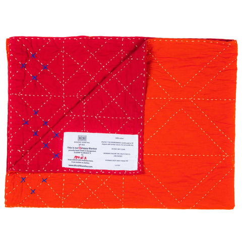 Embroidered, 100% cotton kantha baby blanket in red and orange geometric design by Khushi Kantha