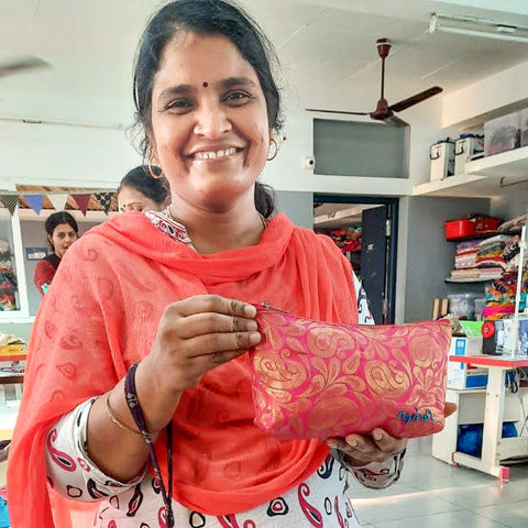 Colourful quilted upcycled sari pouches
