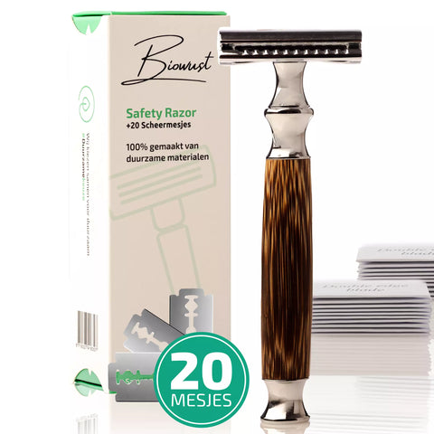 Safety razor bamboe met het doosje en 20 scheermesjes.