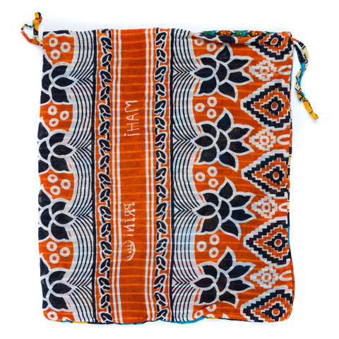 Embroidered, 100% cotton kantha baby blanket in red and orange geometric design by Khushi Kantha