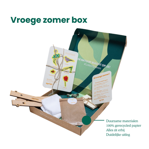 natuurbox vroege zomer, leuk met kind, buitenspelen, 1op1 tijd met kind, natuurbingo, creatief cadeau kind, duurzaam cadeau kind, natuur cadeau kind
