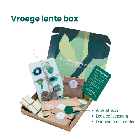 natuurbox vroege lente, leuk met kind, buitenspelen, 1op1 tijd met kind, natuurbingo, creatief cadeau kind, duurzaam cadeau kind, natuur cadeau kind
