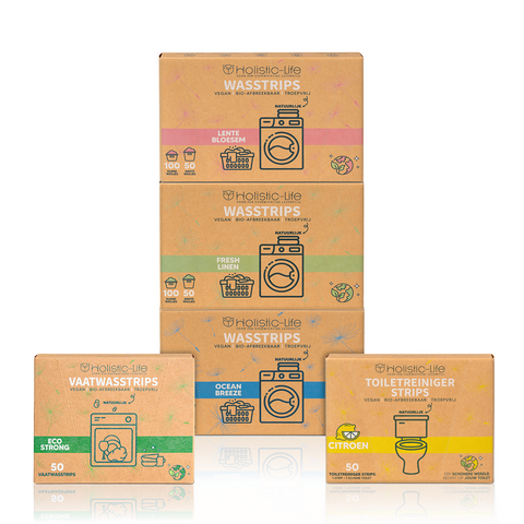 Wasstrips, toilet reiniger strips en vaatwasstrips proefpakket groot.