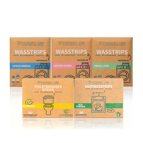 Wasstrips, toilet reiniger strips en vaatwasstrips proefpakket klein.