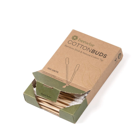 bamboo cotton buds home compostable in a kraft paper package with 100 units showing inside an open package from beewise 