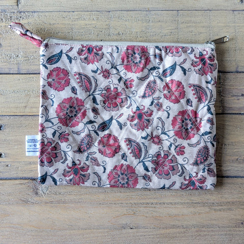 Quilted Sari Pouches: Beige Floral Pattern with Colourful Zipper