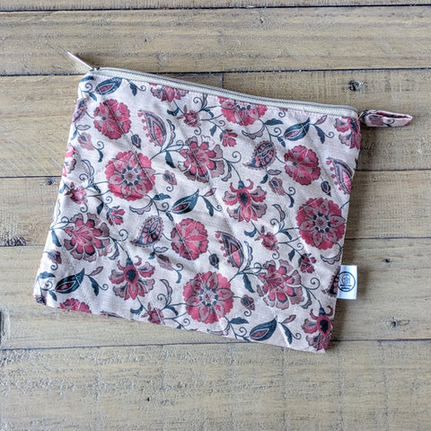 Quilted Sari Pouches: Beige Floral Pattern with Colourful Zipper