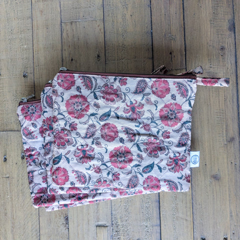 Quilted Sari Pouches: Beige Floral Pattern with Colourful Zipper