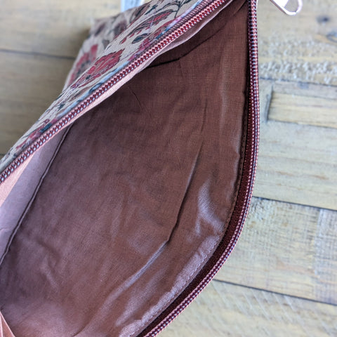 Quilted Sari Pouches: Beige Floral Pattern with Colourful Zipper