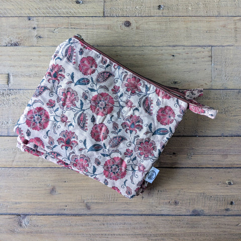 Quilted Sari Pouches: Beige Floral Pattern with Colourful Zipper
