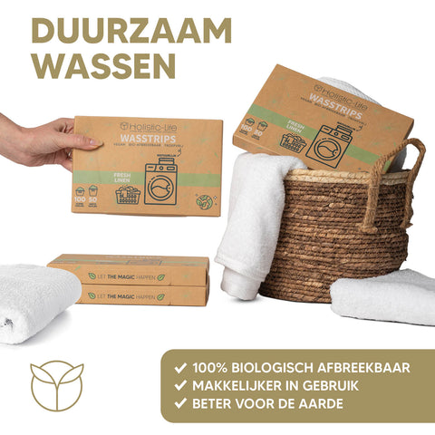 Biologische wasstrips voor snelle wasresultaten met wasmiddel en wasdoekjes.