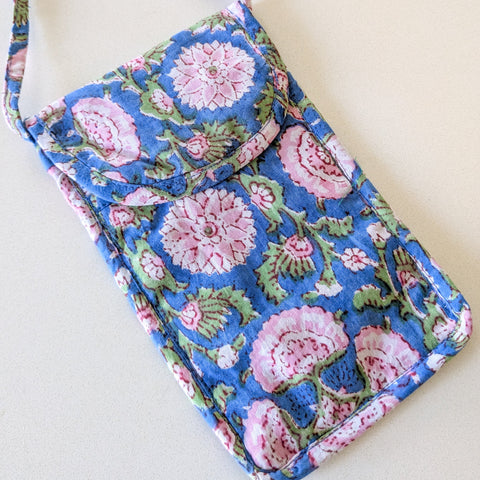 Blue Block-Printed Crossbody Mobile Phone Cell Phone Bag With Slim Pocket