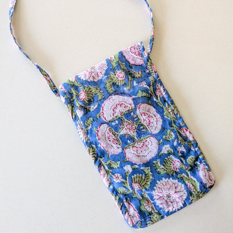 Blue Block-Printed Crossbody Mobile Phone Cell Phone Bag With Slim Pocket