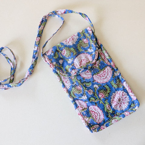 Blue Block-Printed Crossbody Mobile Phone Cell Phone Bag With Slim Pocket