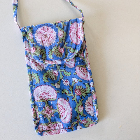 Blue Block-Printed Crossbody Mobile Phone Cell Phone Bag With Slim Pocket