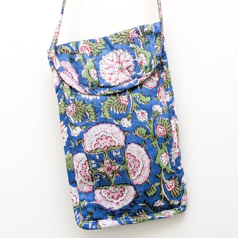 blue block printed mobile phone bag