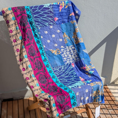 Reversible sari patchwork throw blanket