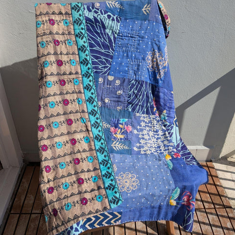 Reversible sari patchwork throw blanket