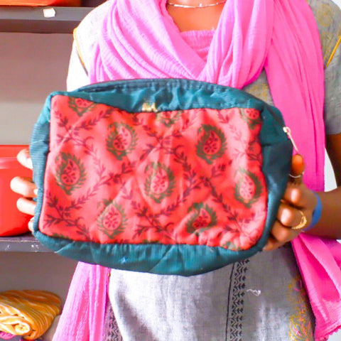 Large colourful upcycled sari box pouches