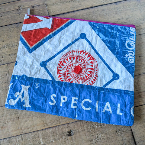 Recycled rice bag zipper pouches