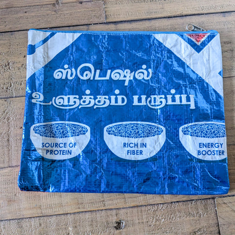 Recycled rice bag zipper pouches