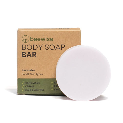 natural & vegan body bar lavender in front of a sustainable paper packaging