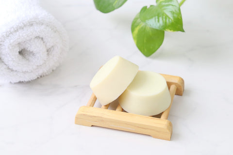 conditioner bar lavender solid bar lavender handmade in the netherlands on top of the bathroom sink 
