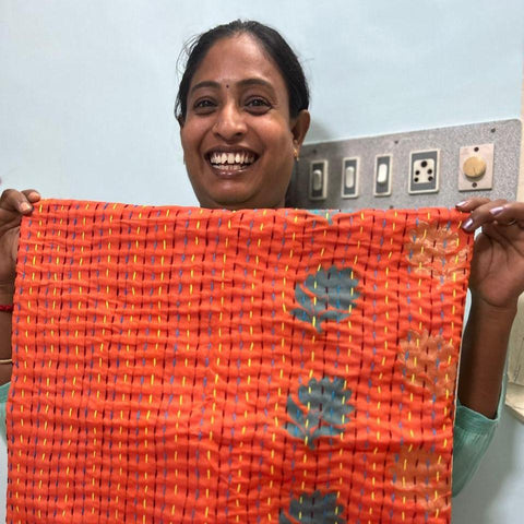 Cotton sari cushion cover with kantha stitching - Shakti.ism | शक्तिवाद