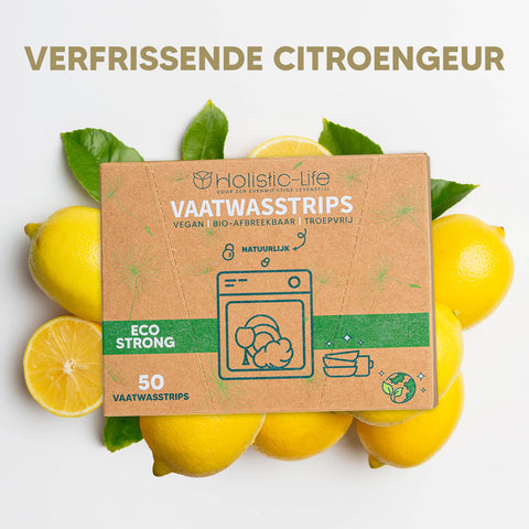 Duurzame vaatwasstrips, krachtige reiniging zonder schadelijke chemicaliën en volledig oplosbaar.