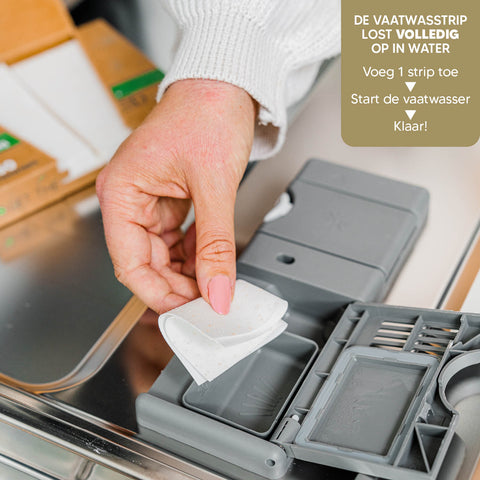 Eco friendly vaatwasstrips, vegan en plasticvrij alternatief voor een schone vaat.