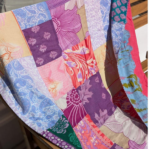Reversible sari patchwork throw blanket