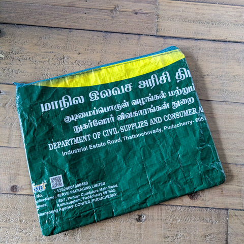 Recycled rice bag zipper pouches