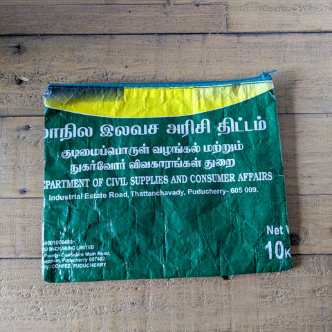 Recycled rice bag zipper pouches