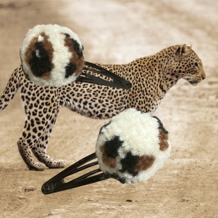 Luna-Leena haar clips pom pom leopard  wol - handgemaakt in Nepal