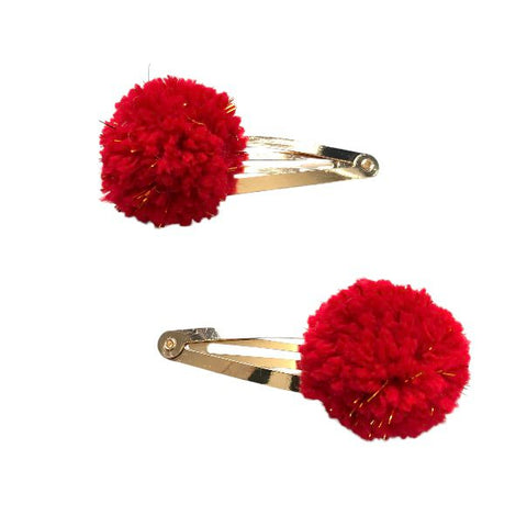 Luna-Leena haar clips pom pom - rood en gold flakes - wol - handgemaakt in Nepal