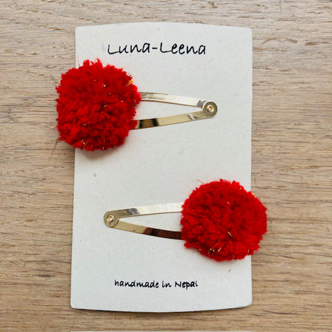 Luna-Leena haar clips pom pom - rood en gold flakes - wol - handgemaakt in Nepal